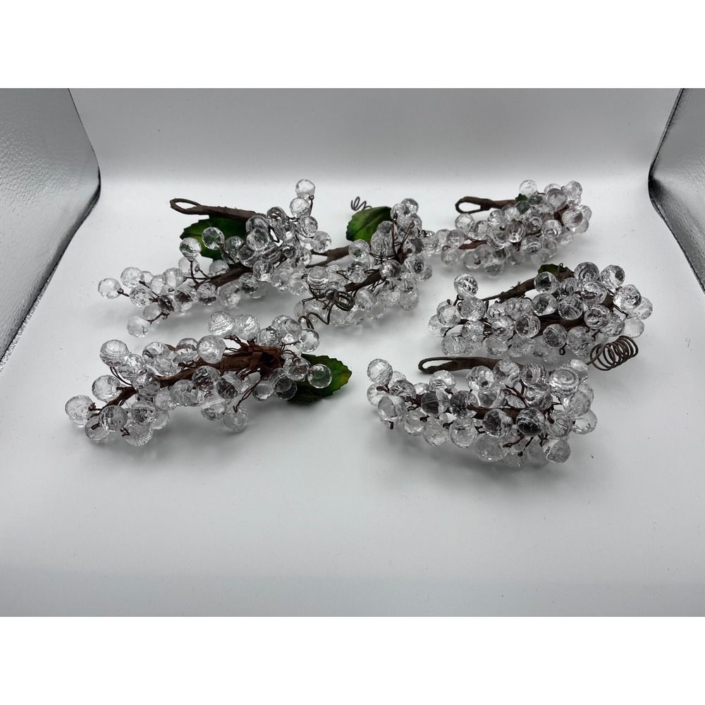 Set of 6 Vintage Mid-Century Lucite Faux Crystal Grape Clusters with Leaf Decor